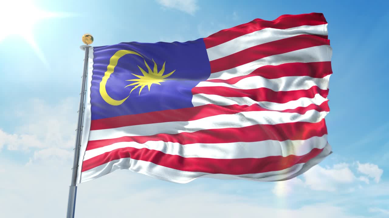 Malaysia flag waving in the wind against deep blue sky. National theme, international concept. 3D Render Seamless Loop 4K