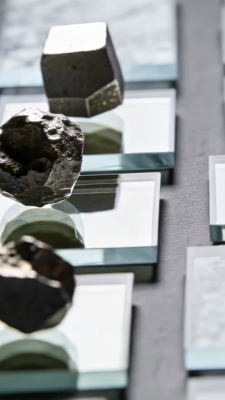 Arrangement showing mirror tiles with faceted cube and porous nugget on table reflecting highlights