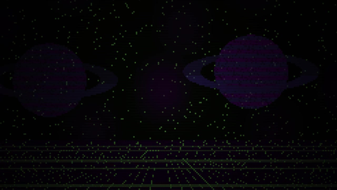 Pixelated Planet with Rings in a Retro Digital Space Background
