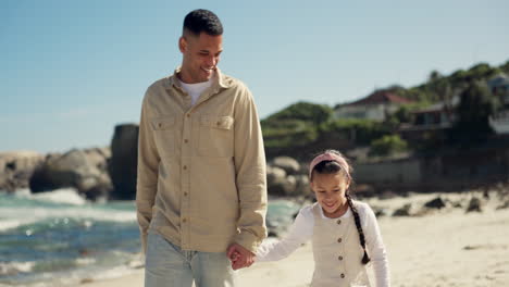 Beach-walk,-holding-hands-and-happy-child