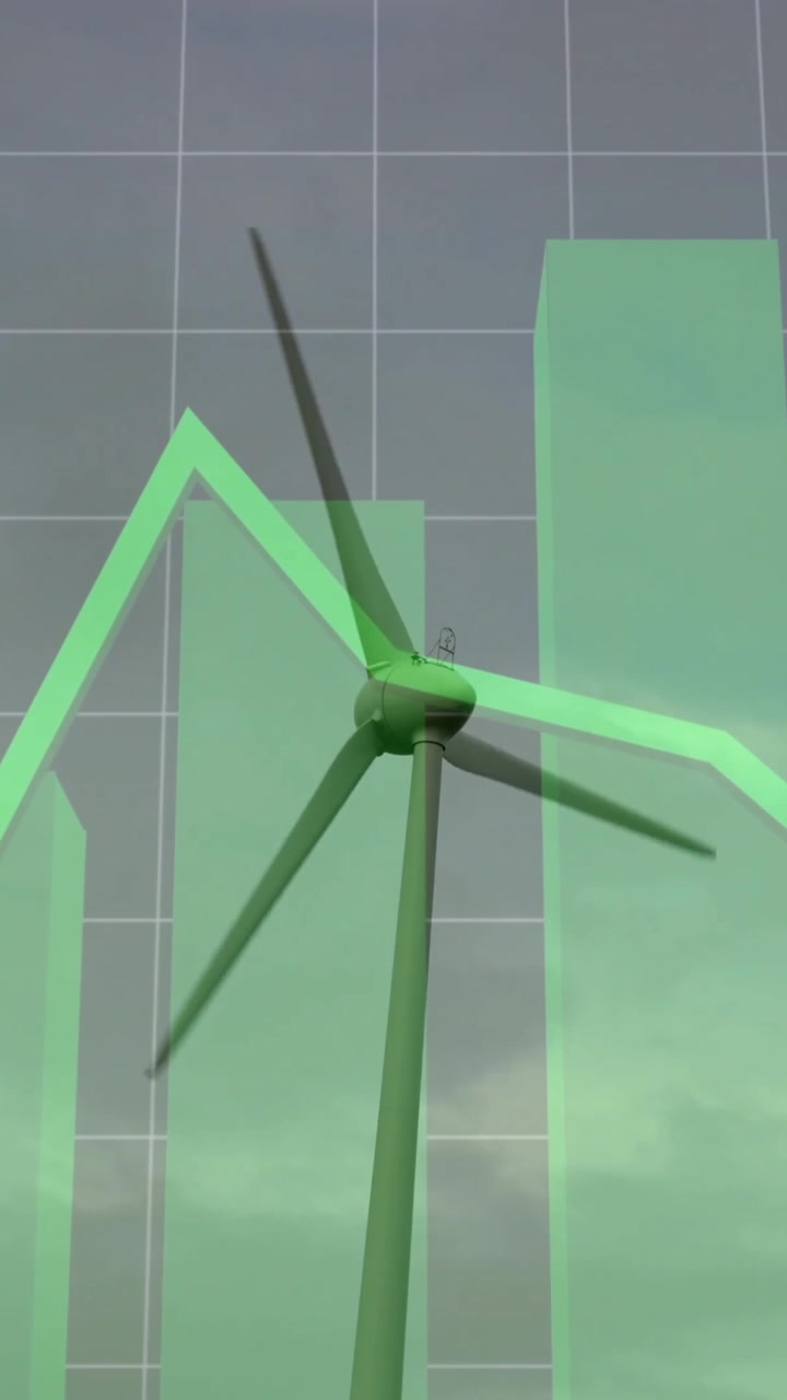 Spinning wind turbine over green financial growth chart animation in background