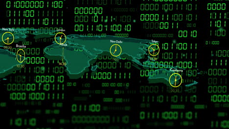 world map with clocks showing different time zones over binary code animation