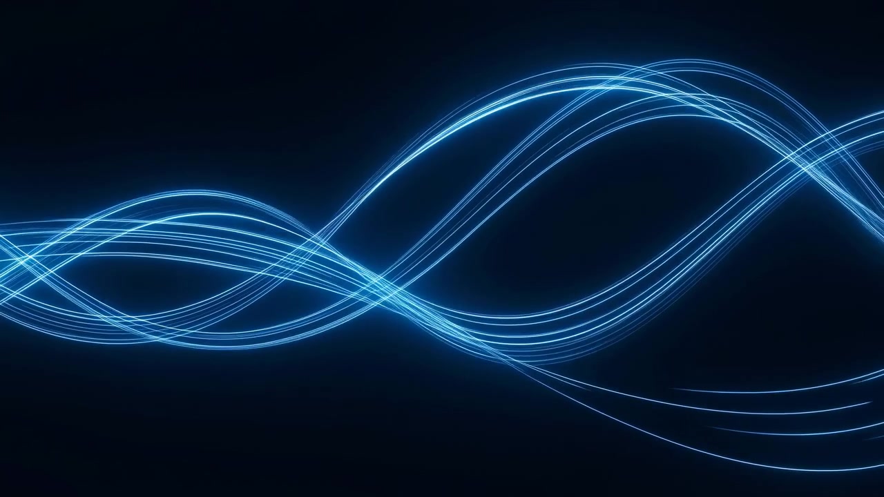 Linee d'onda blu fluide scorrono su un palco scuro, curve sinuose eleganti e un leggero movimento a increspature, sottile.