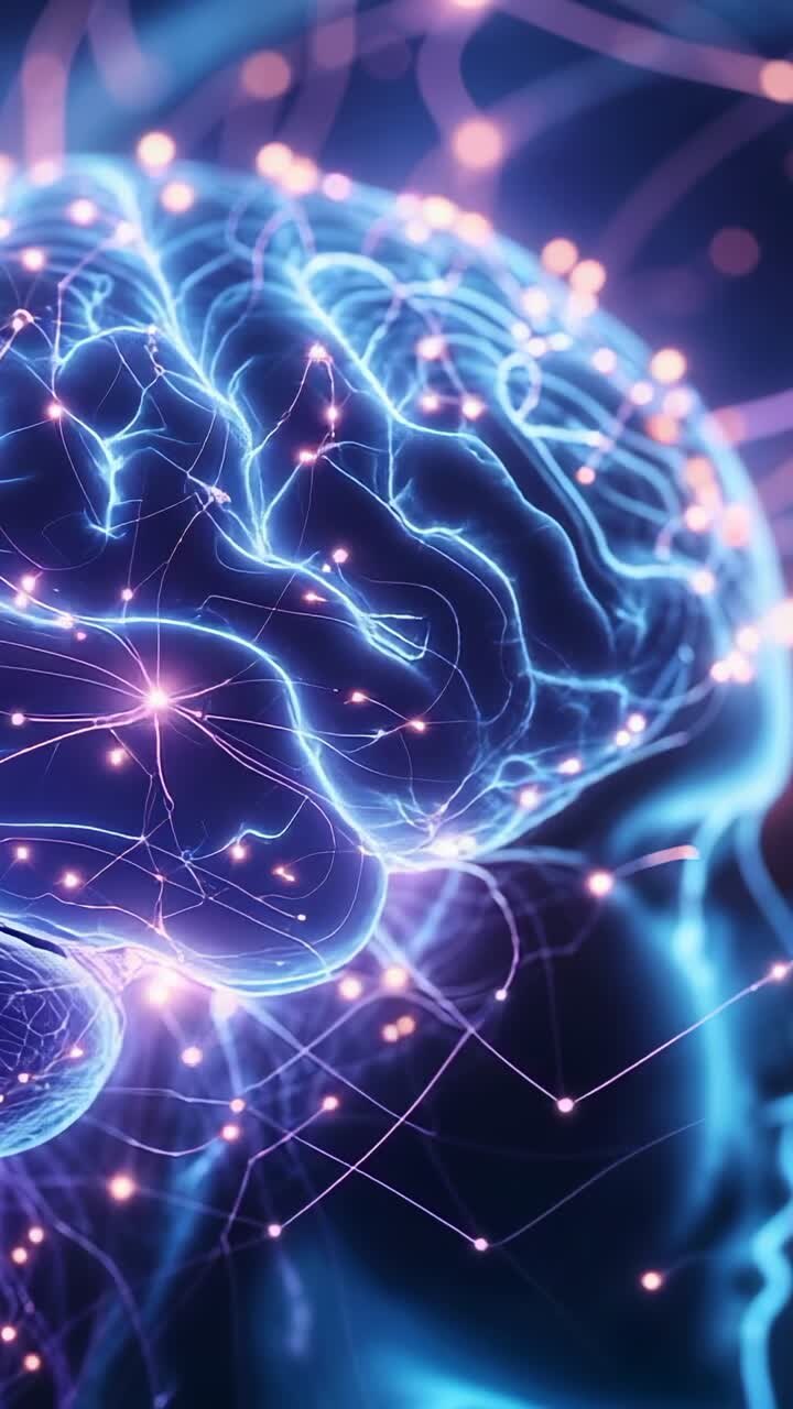 Vertical video: On start showing brain pulsing neural currents in neural network with glowing nodes