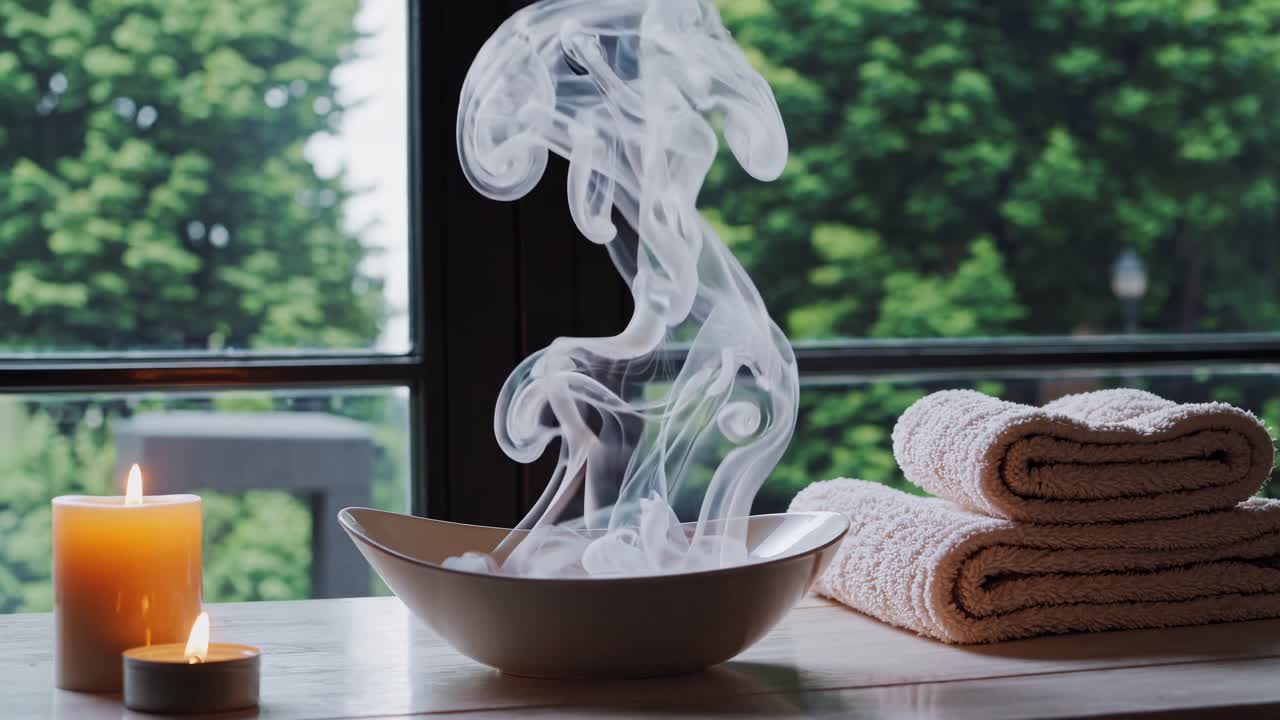 A calming spa scene with candles and steam rising from a bowl, captured from a side angle, perfect