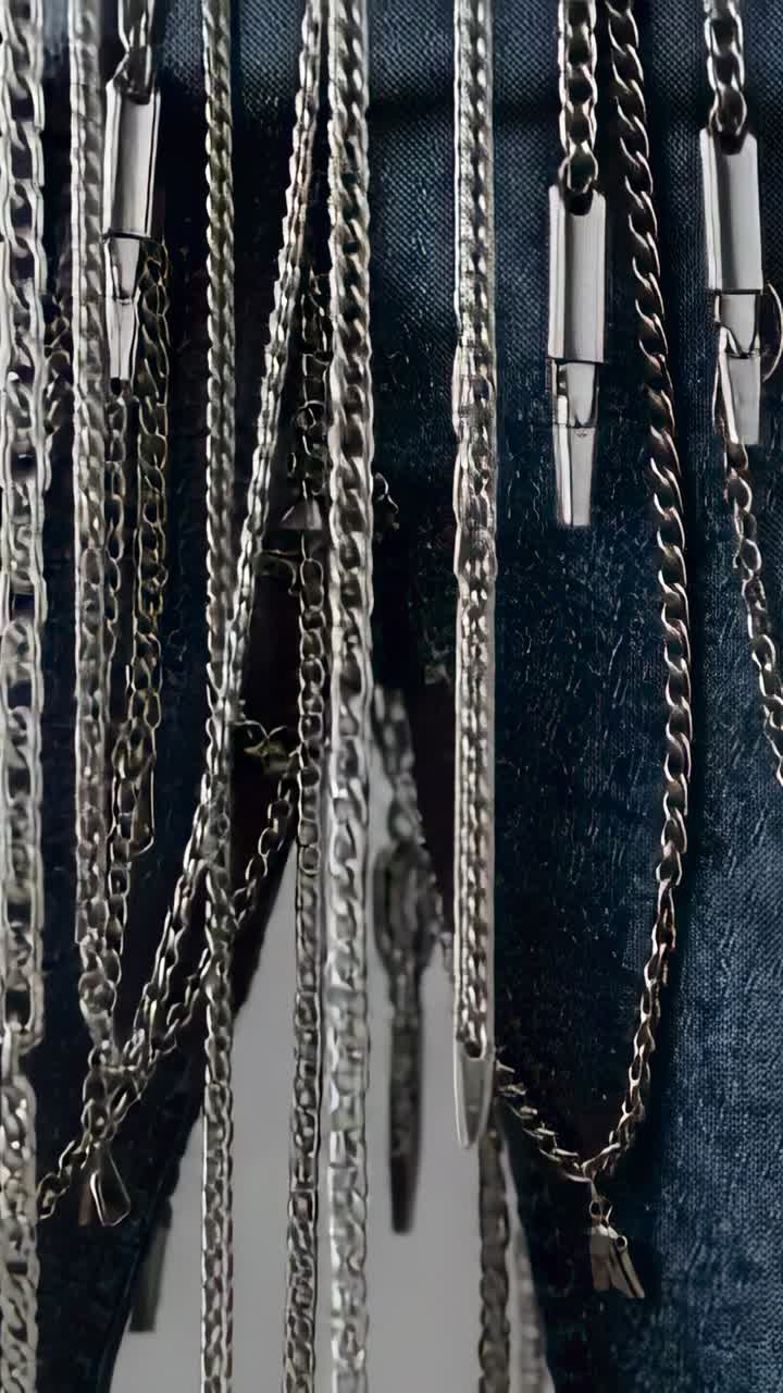 Video verticale: catene che si muovono e si depositano sul denim con fotogrammi in movimento, ciondoli di metallo che catturano la luce