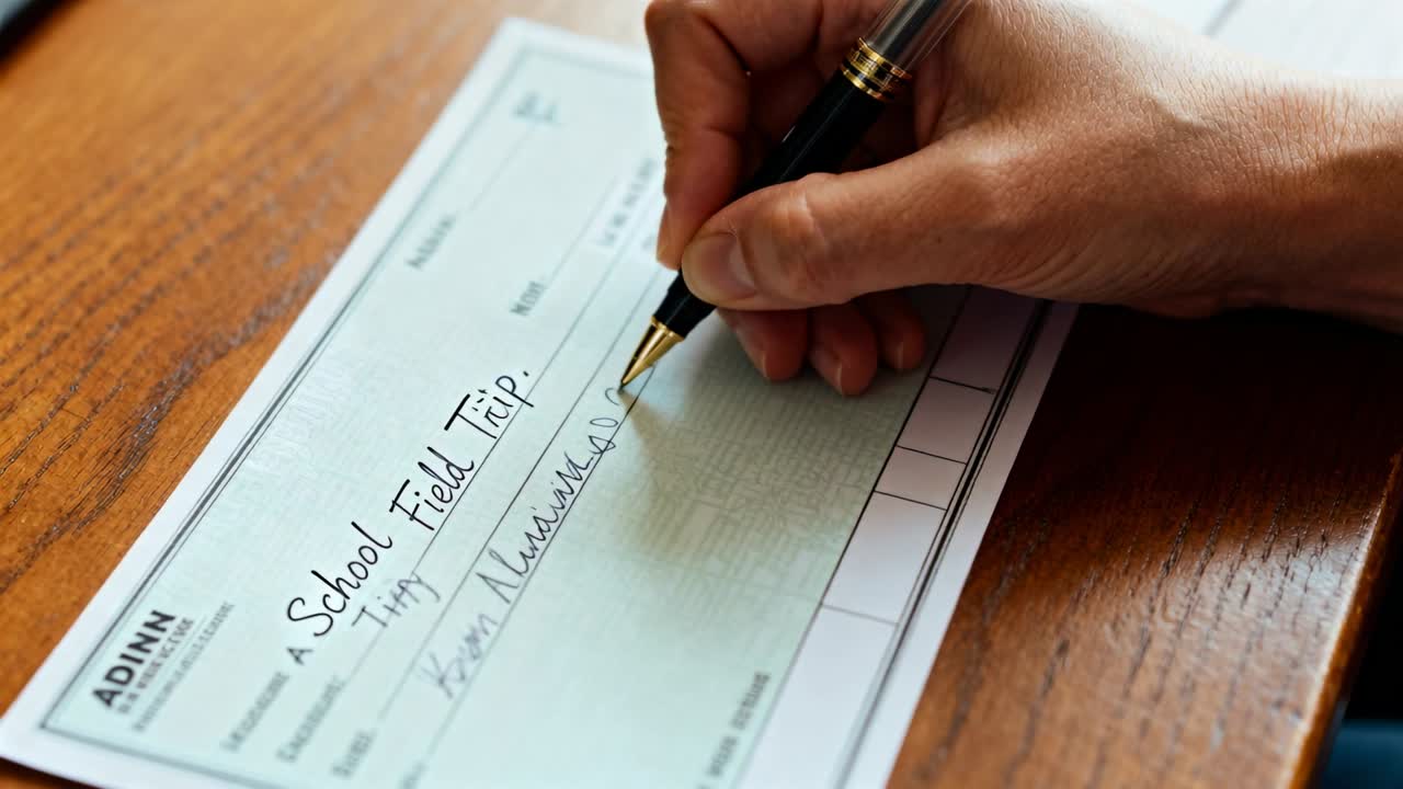Signing right hand after pen touching School Field Trip form at desk to authorize, copy space