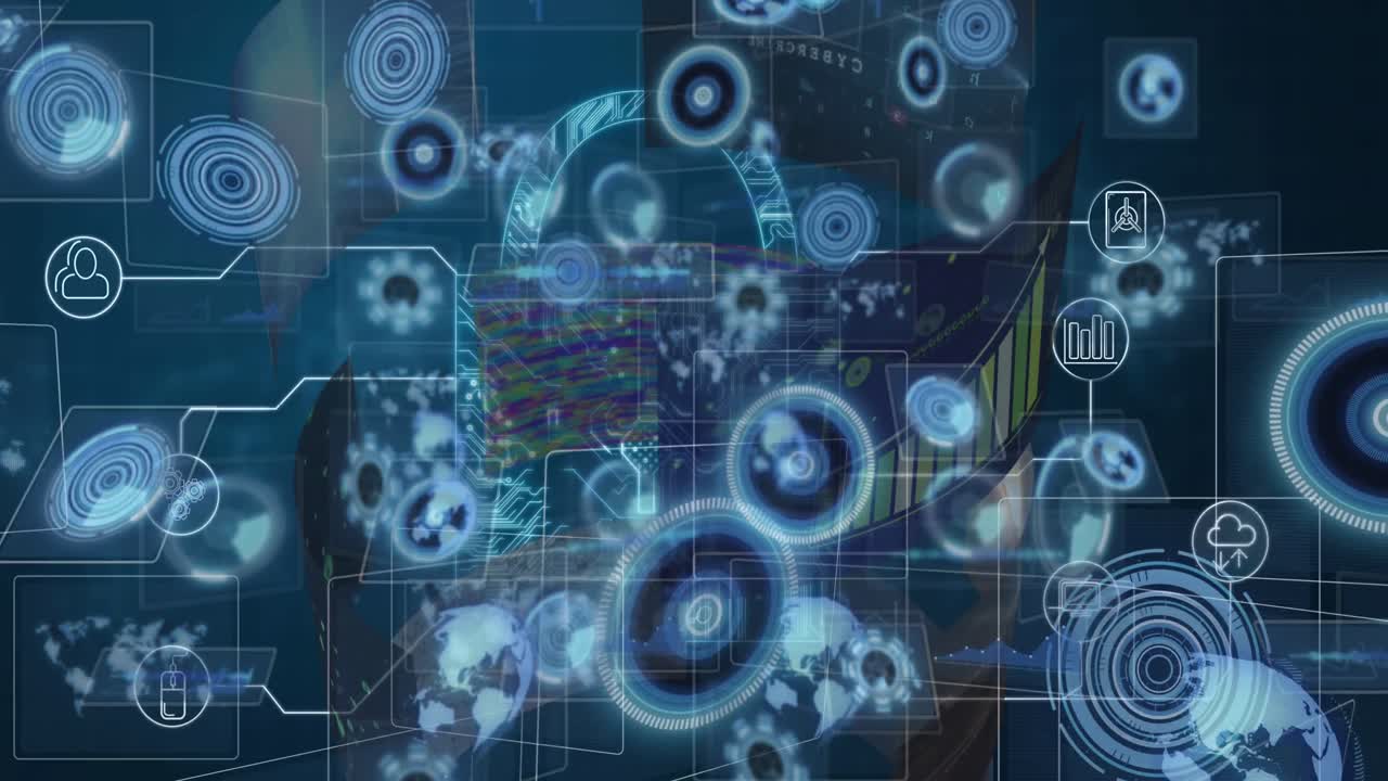 animación de círculos de procesamiento en pantallas digitales sobre gráficos financieros y candado digital