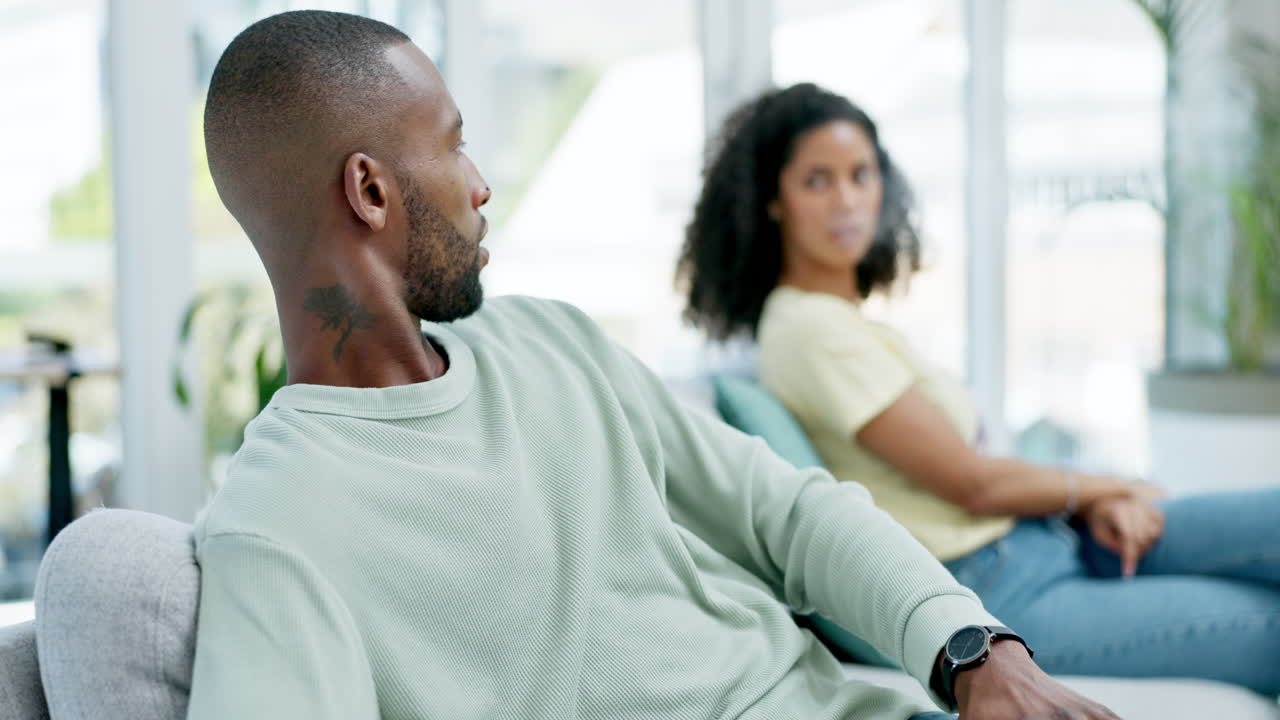 Couple, divorce and ignore with stress on sofa