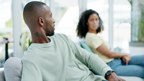 couple, divorce and ignore with stress on sofa
