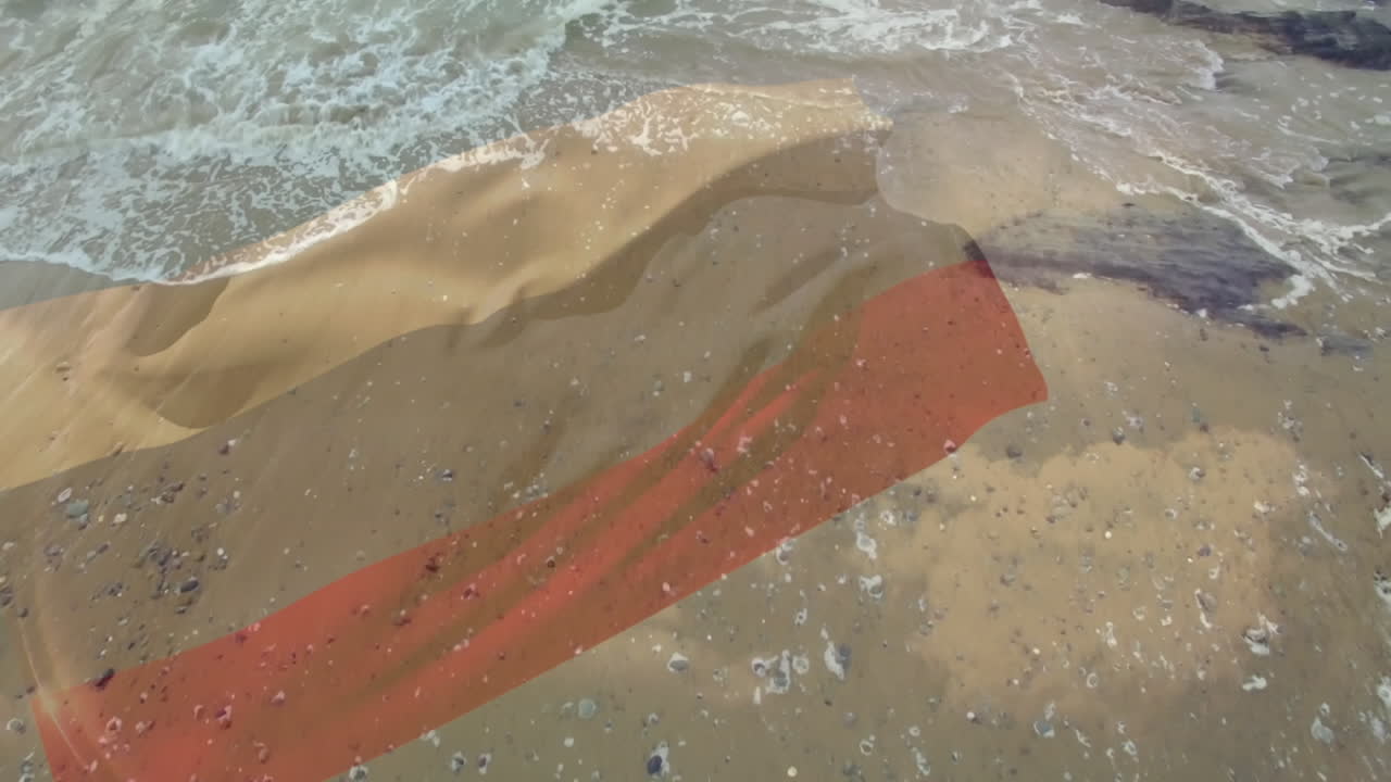 해변과 바다 파도의 공중 전망에 대비하여 러시아 국기를 흔드는 디지털 구성