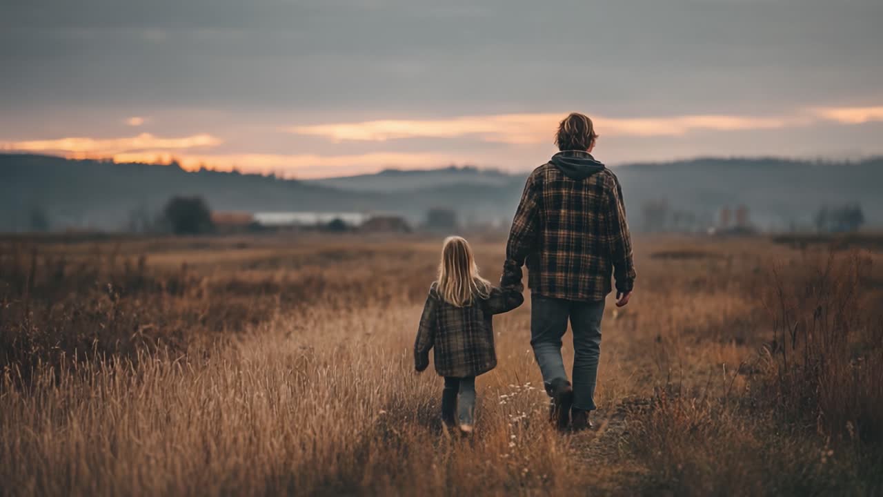 A Heartwarming Journey: A Father and Daughter Stroll Hand in Hand Through a Serene Autumn Landscape at Dusk, Immersed in Nature's Tranquility