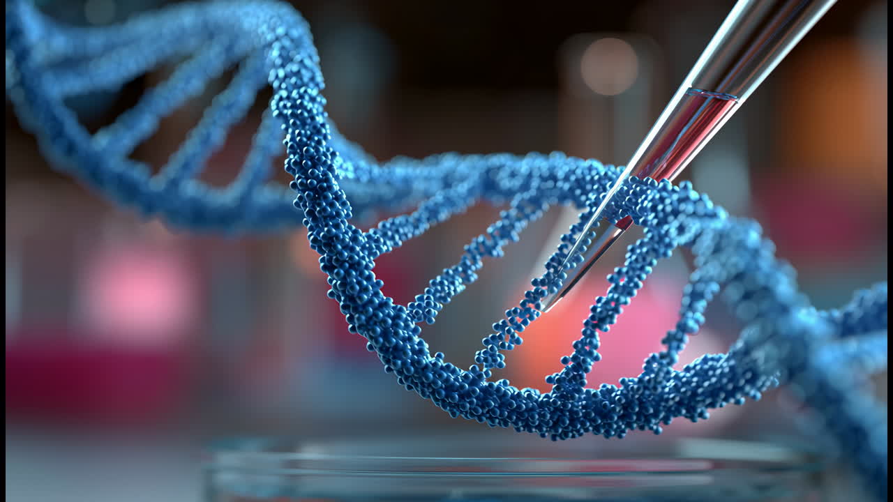 Lab DNA structure analysis. A scientist places a drop of liquid onto a blue DNA helix in a lab, showcasing genetic research and innovation
