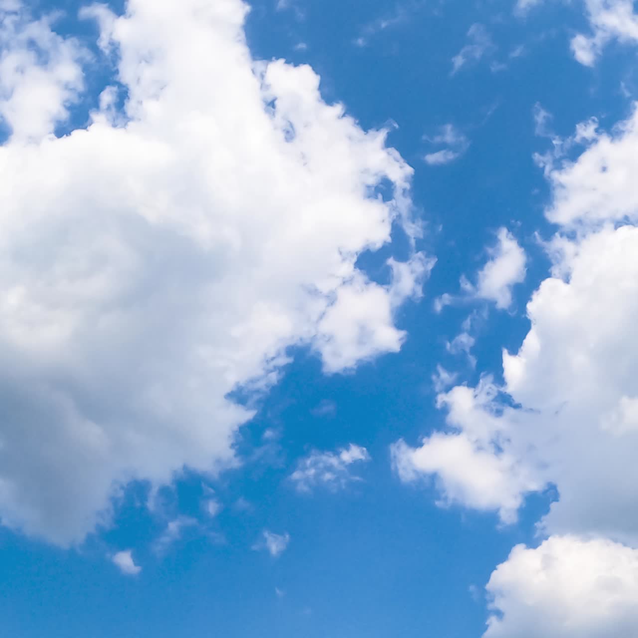 Transforming white clouds in the light blue sky. Summer skies from low angle view. Timelapse