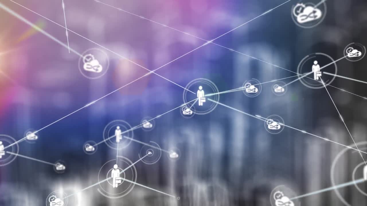 보라색 배경에 연결 네트워크 아이콘의 디지털 애니메이션