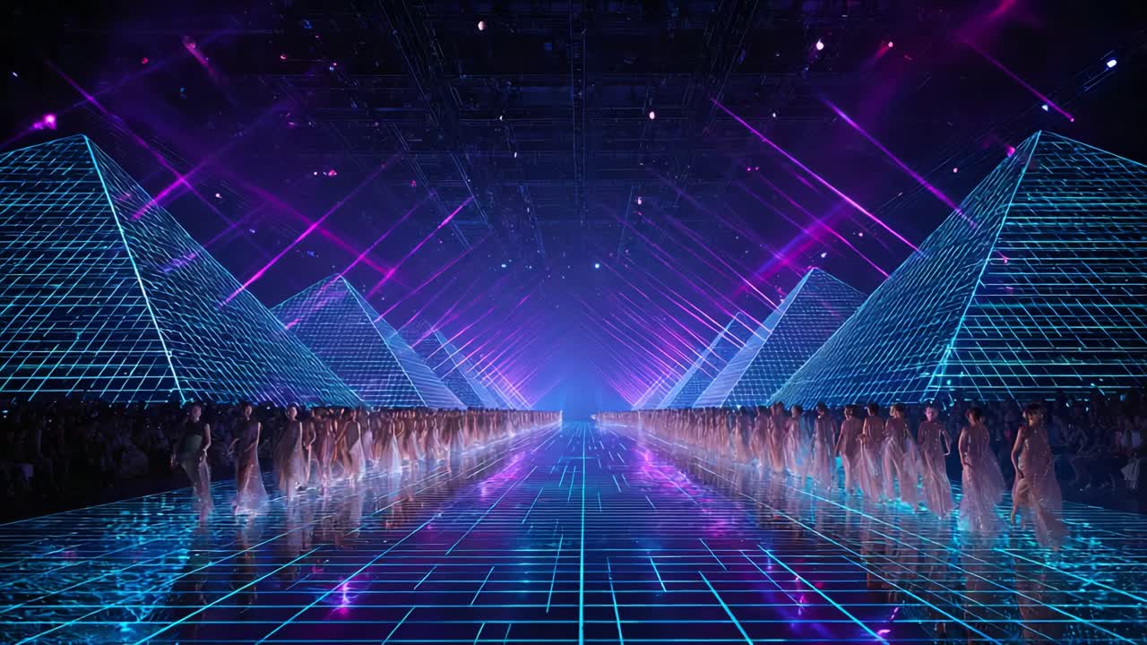 Mesmerizing Fashion Show with Futuristic Neon Light Displays and Geometric Pyramid Designs Captivating the Audience Through an Innovative Stage Setting and Striking Visual Effects