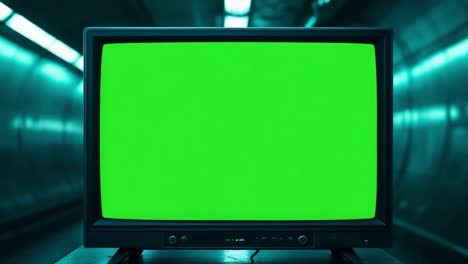 vintage television set with a bright green screen is positioned in a dimly lit corridor, showcasing a retro design, ideal for creative projects needing a mock up display area