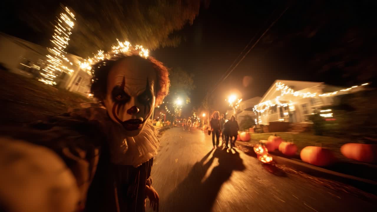 A Sinister Clown Stalks Through a Darkened Street Illuminated by Halloween Lights, Crafting an Eerie Atmosphere in Adventurous Shadows of the Night