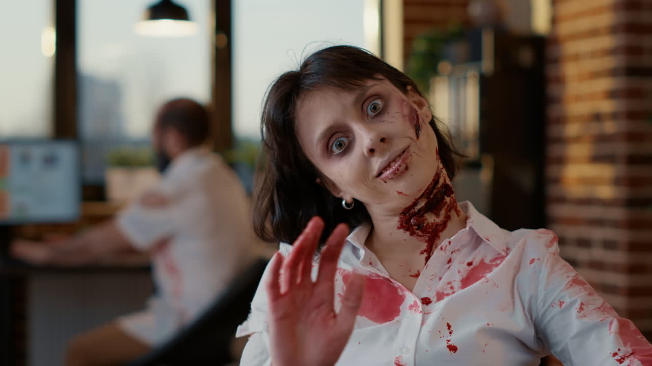 Mindless creepy looking walking dead person sitting in office while waving at camera