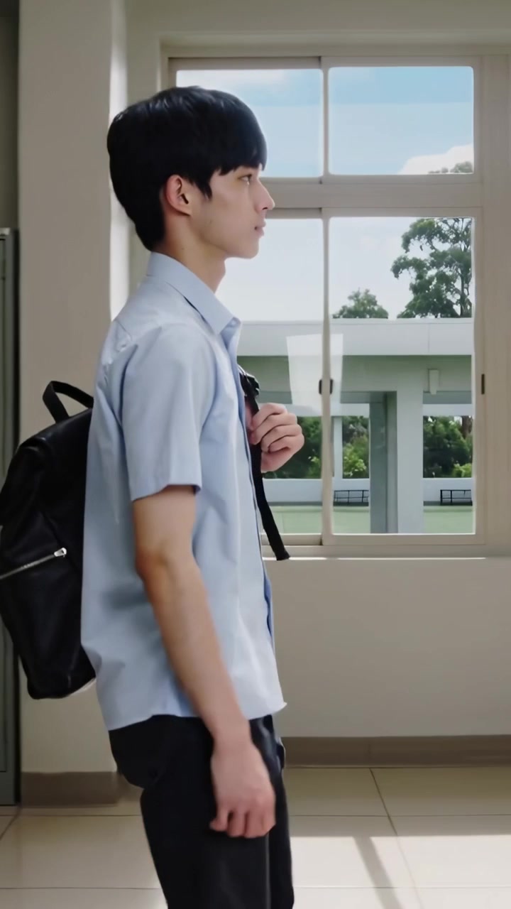 วิดีโอแนวตั้ง: นักเรียนสวมเสื้อเชิ้ตสีน้ำเงินสะพายเป้สีดำกำลังเดินในโถงทางเดินของโรงเรียนผ่านตู้เก็บของ