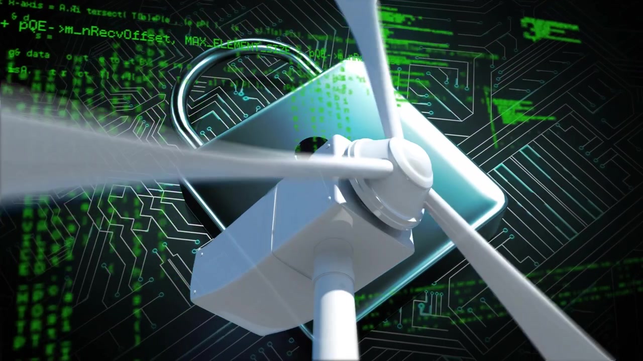 Animation of wind turbine over padlock and data processing