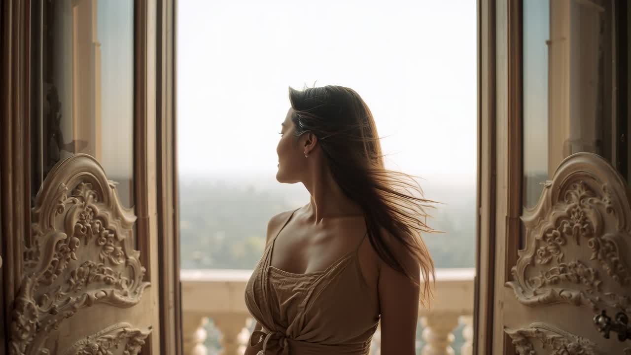 Donna che si gira verso il balcone in una porta intagliata, con la brezza che le solleva i capelli, e sovrapposizioni che incorniciano per una pubblicità di viaggi