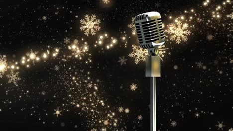 Animation-of-rerto-microphone-over-christmas-star-falling-on-black-background