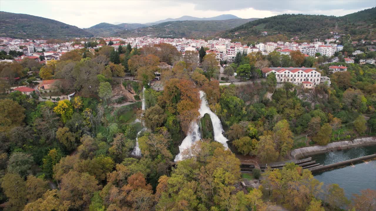 Aerial Point of Interest Shot Panoramic View of Edessa City with Waterfalls, Urban Nature Landscape