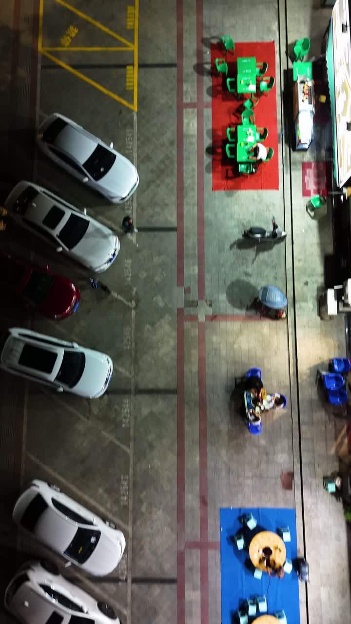Vertical top-down aerial view of a dining street in Shaanxi Province, China.