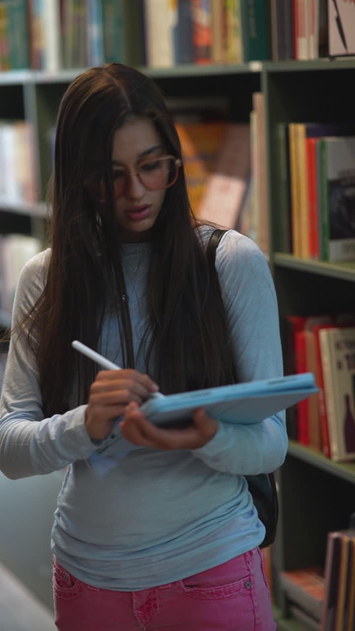 una adolescente estudiando en una biblioteca