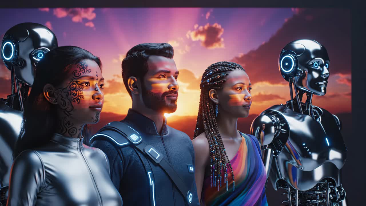 Futuristic diverse group with robots at sunset