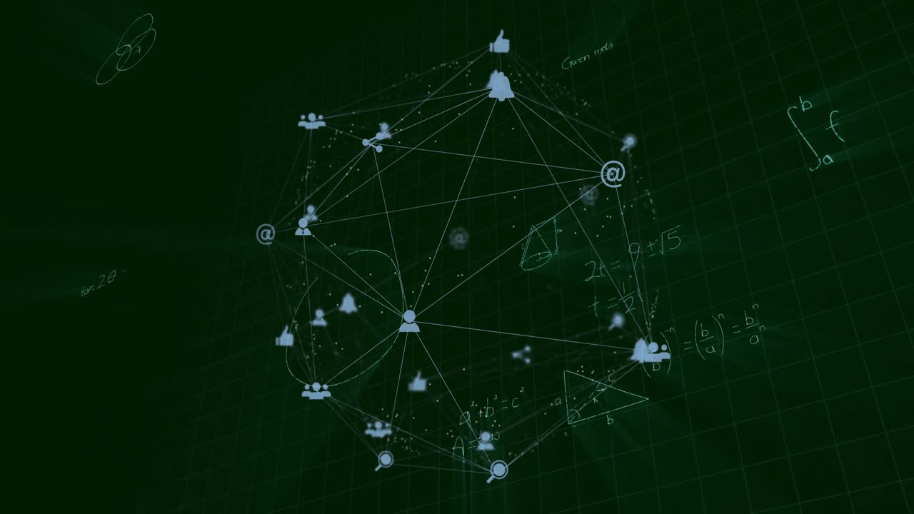 3D network rotating after light beam sweep revealing icons and drawing formulas to show analytics