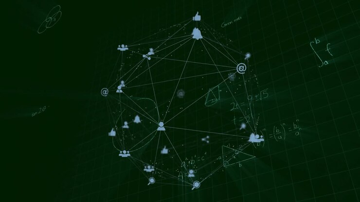 3D network rotating after light beam sweep revealing icons and drawing formulas to show analytics