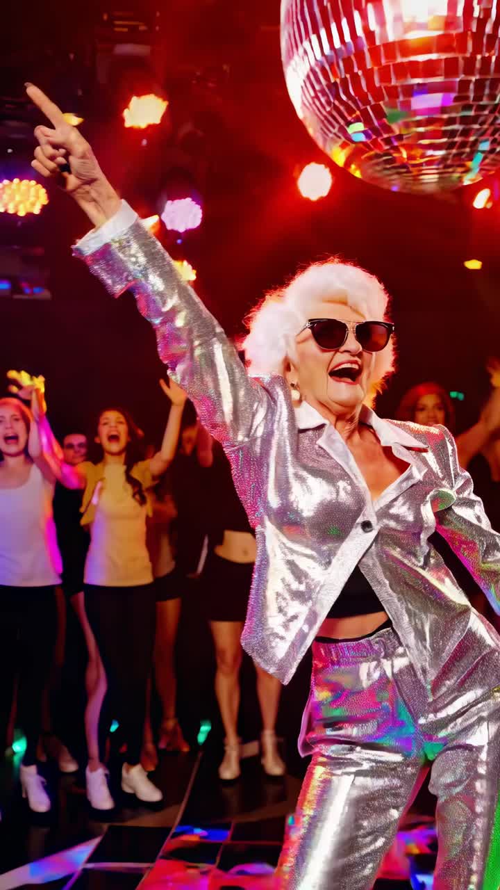 Sparkling dressed senior dancing energetically, grooving under disco ball with vibrant club scene, radiating joy through movement