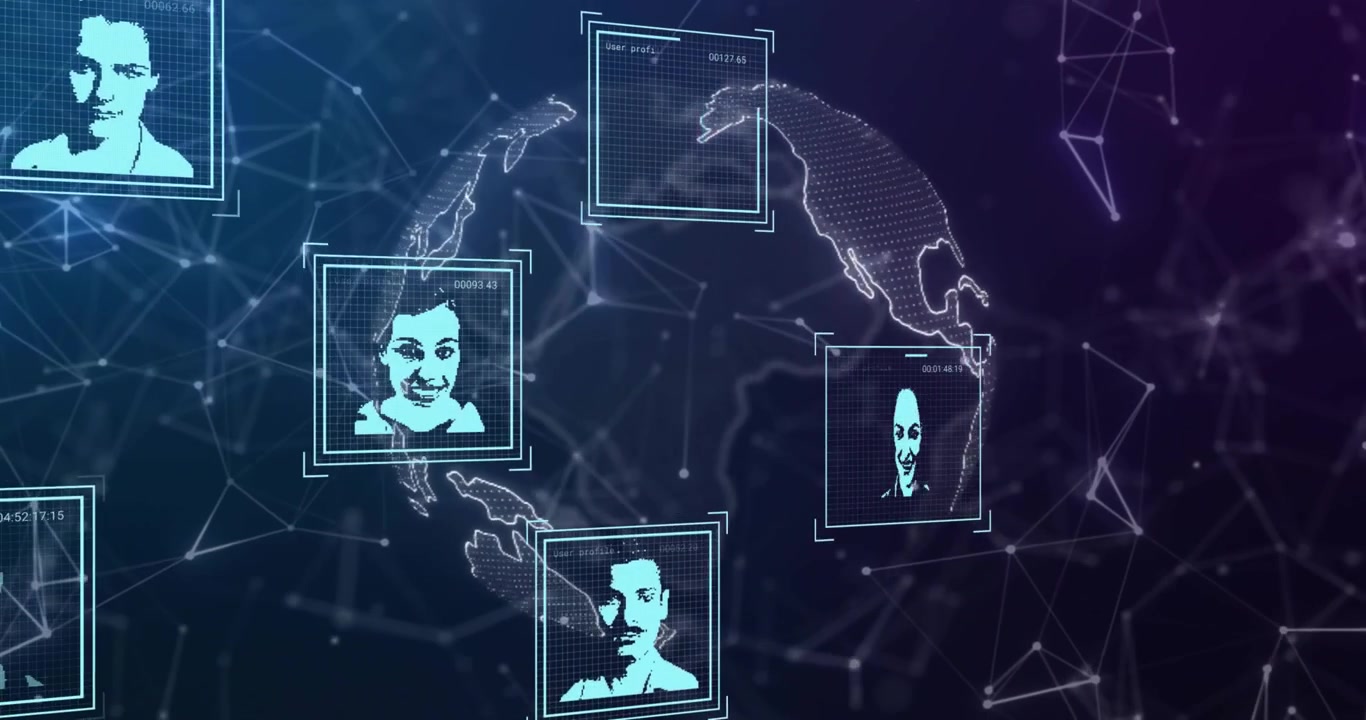 Rotating globe starting face boxes gliding and dispersing while visualizing user scanning process