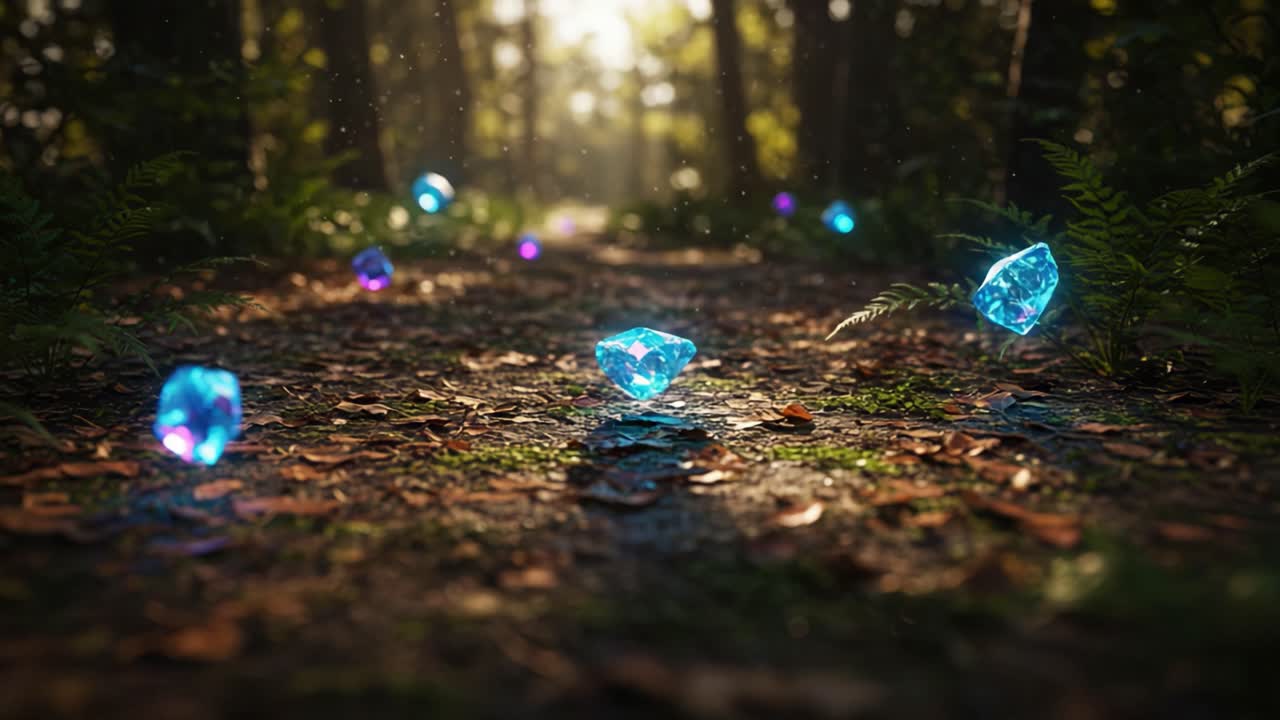 A Magical Pathway Filled with Shimmering Glowing Crystals in a Lush Forest, Illuminated by Soft Sunlight Filtering Through the Trees and Casting Gentle Shadows