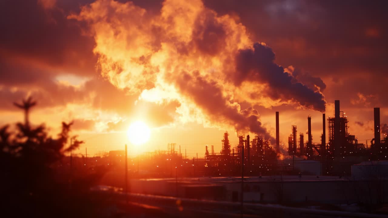 A captivating view of an industrial landscape during sunset, showcasing billowing smoke from chimneys and a vibrant sky filled with clouds, creating a striking contrast between nature and industry