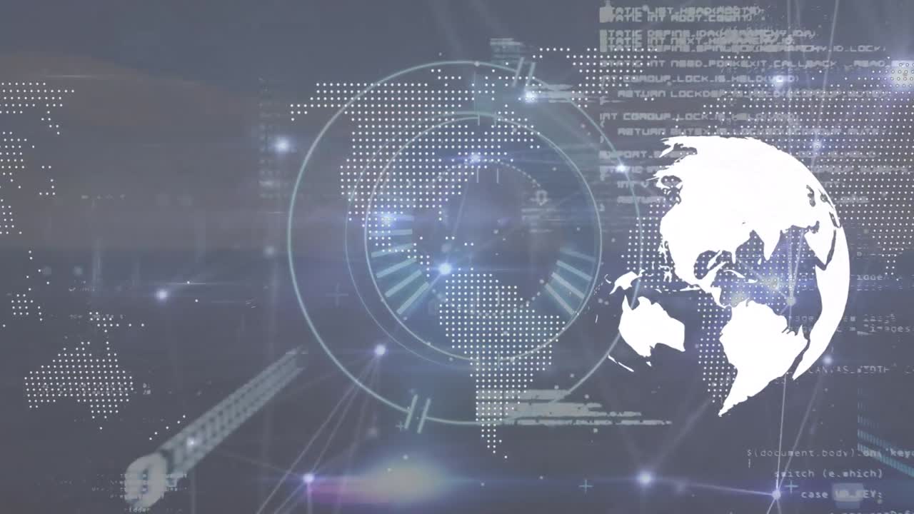 둥근 스캐너와 세계 지도와 회전하는 지구상의 연결 네트워크의 애니메이션