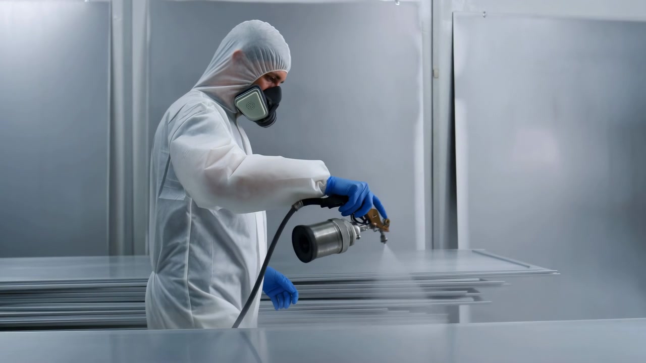 Hands in blue protective coverings guide the spray nozzle over a flat metallic surface as visible mist spreads outward, while stacked panels and pale walls frame the indoor spraying process.