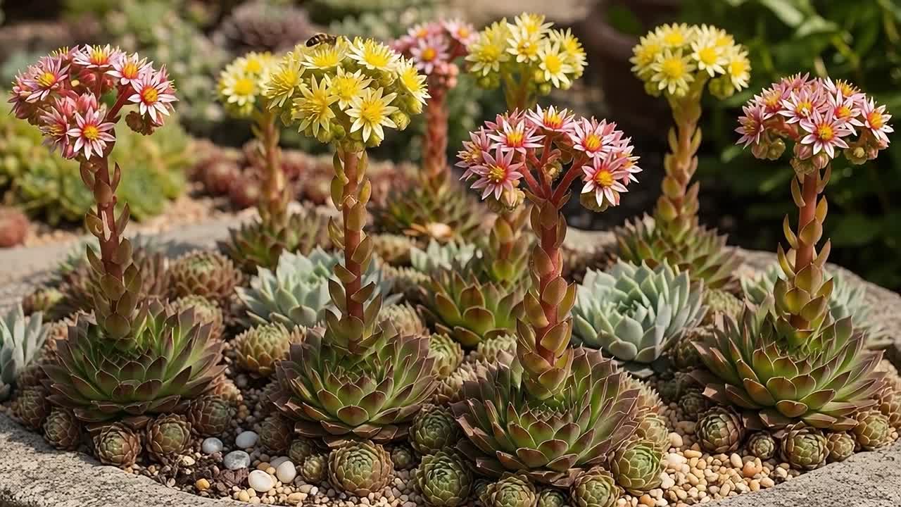 Vibrant Succulent Garden Featuring Echeveria and Sempervivum Blooms, Showcasing Lush Greenery and Colorful Floral Displays in a Beautiful Arrangement
