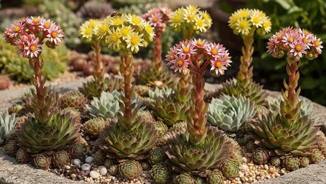 vibrant succulent garden featuring echeveria and sempervivum blooms, showcasing lush greenery and colorful floral displays in a beautiful arrangement