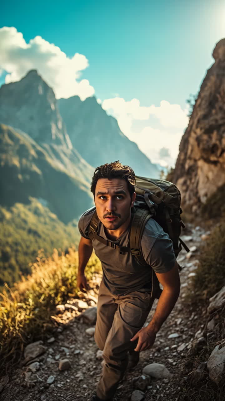 Man Hiking Uphill on a Mountain Trail