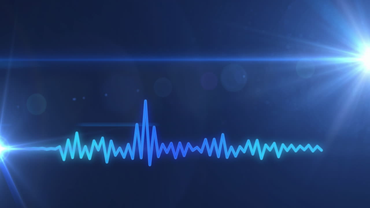 검은 바탕에 움직이는 렌즈 플레어와 파동 형태의 애니메이션