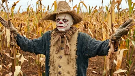 a scarecrow in a corn field with his arms outstretched