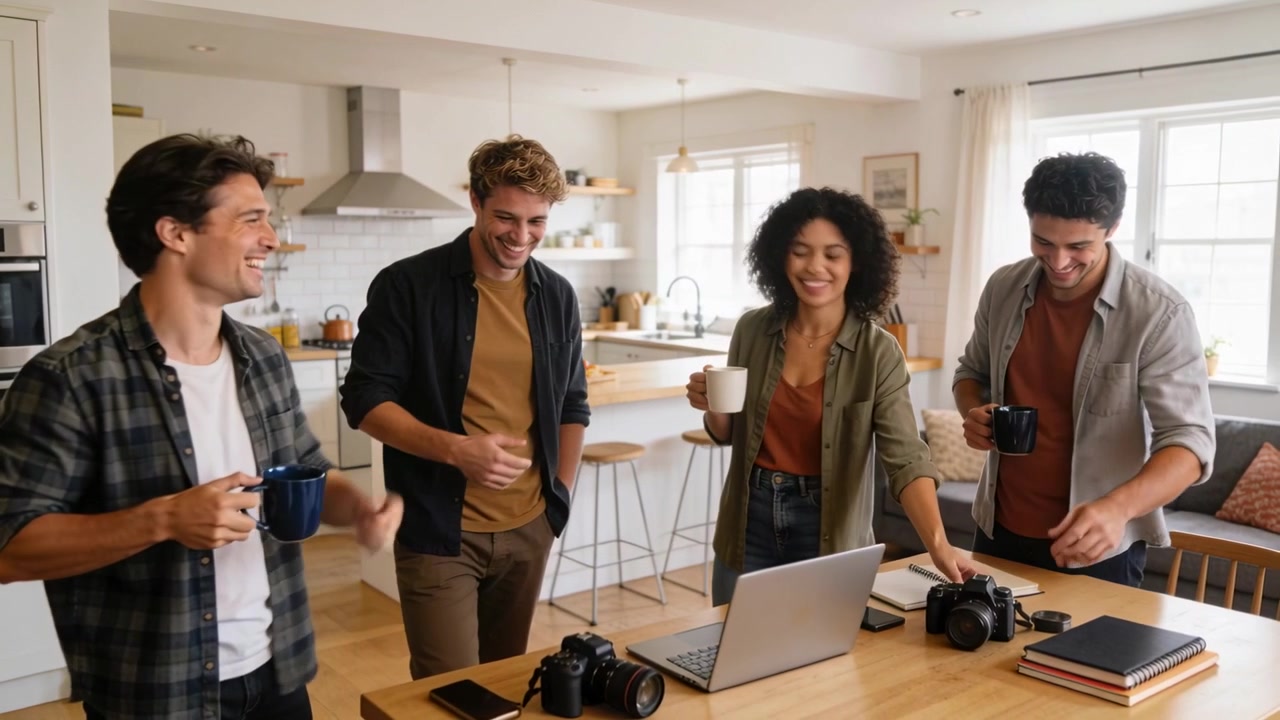 Laughing team in casual shirts reaching for DSLR cameras and laptop while planning on wooden table