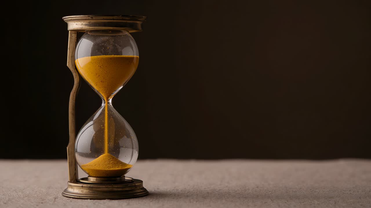 Showing antique hourglass moving yellow sand on studio surface, running due to gravity, copy space