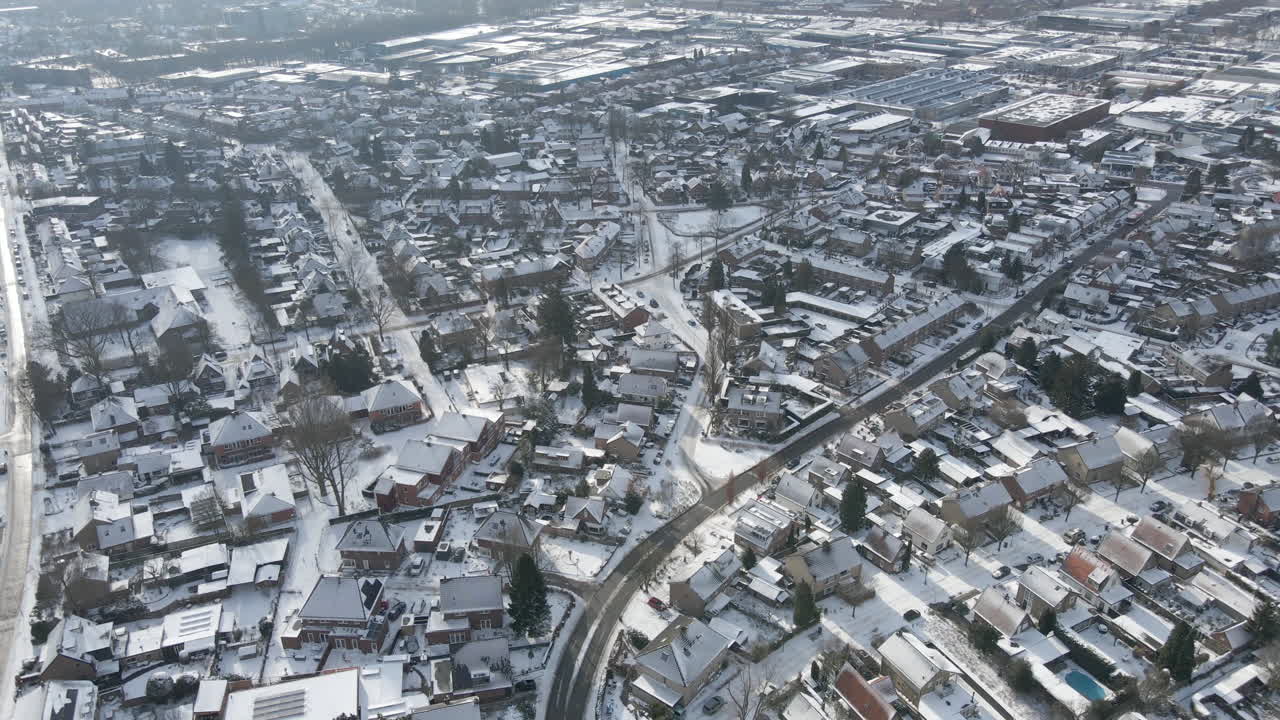High aerial of beautiful snow covered town in winter
