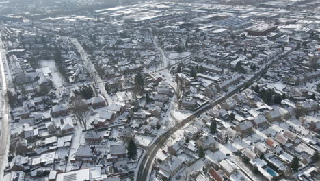 high aerial of beautiful snow covered town in winter