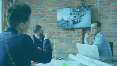 in office, team discussing mechanical parts with animation and digital data overlay
