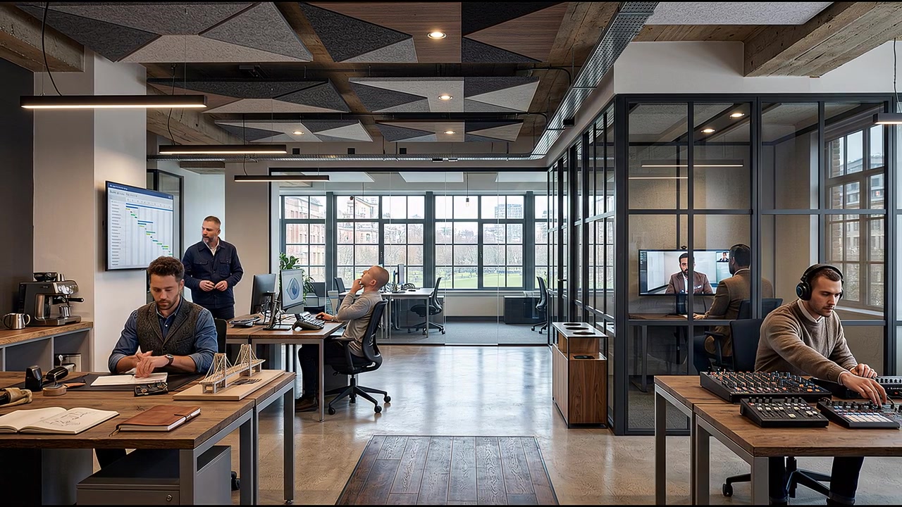 Creative professionals collaborating across modern open office with media production and remote meetings